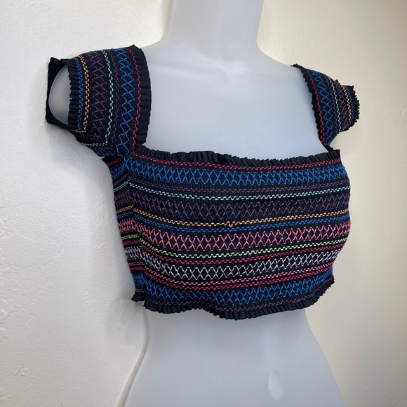 Bar III | Crochet Smocked Off Shoulder Padded Chest Harness Bralette Crop Top - Picture 3 of 10